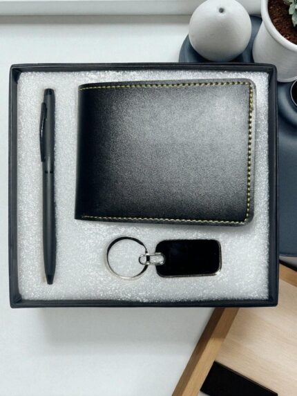 Black Leather Gift Set for Men – Wallet, Pen & Keychain in Designer Box