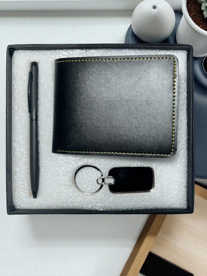 Black Leather Gift Set for Men – Wallet, Pen & Keychain in Designer Box