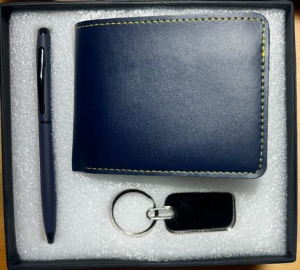 3-in-1 Dark Blue Wallet Gift Set – Wallet, Pen & Keychain in Premium Box