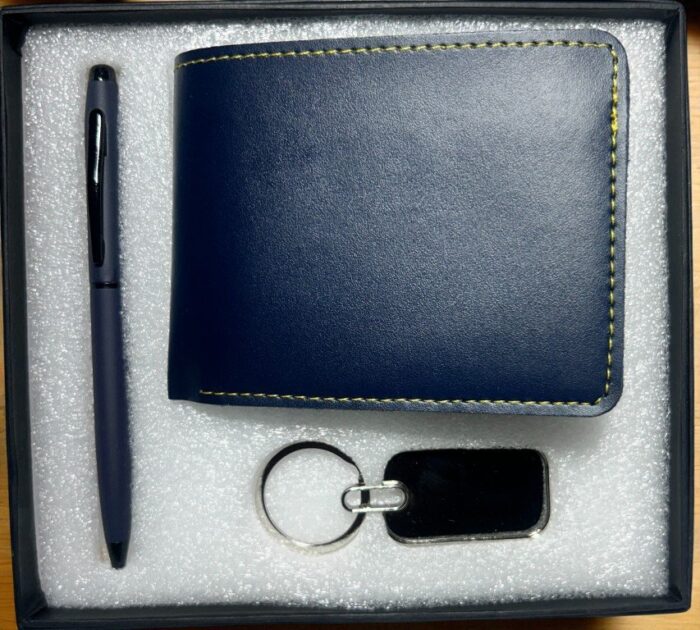 3-in-1 Dark Blue Wallet Gift Set – Wallet, Pen & Keychain in Premium Box