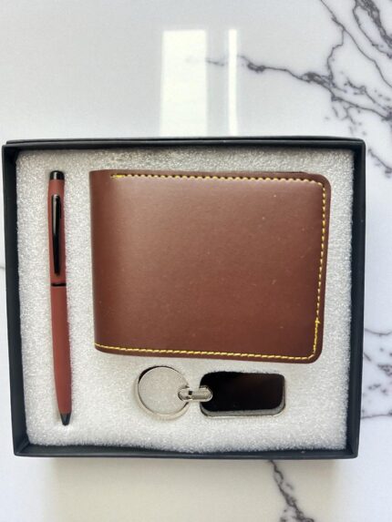 Deluxe 3‑in‑1 Dark Brown Wallet Gift Set – Wallet, Pen & Keychain in Premium Box