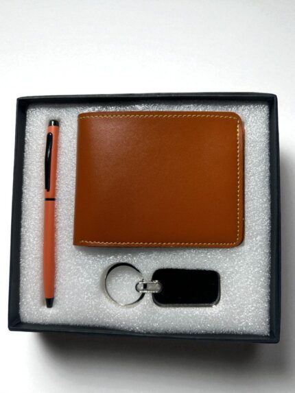 Stylish 3‑in‑1 Light Brown Wallet Gift Set – Wallet, Pen & Keychain in Elegant Box
