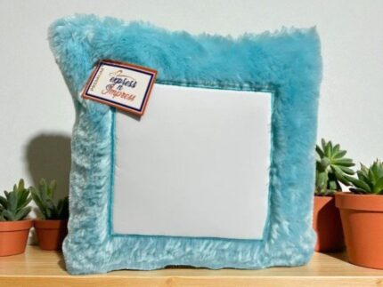 Premium Blue Fur Photo Cushion – Soft Customizable Square Pillow with White Center Panel