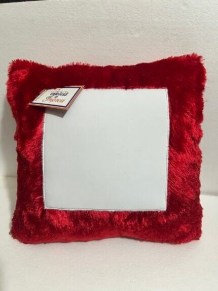 Premium Red Fur Photo Cushion – Customizable Square Plush Pillow with White Center Panel
