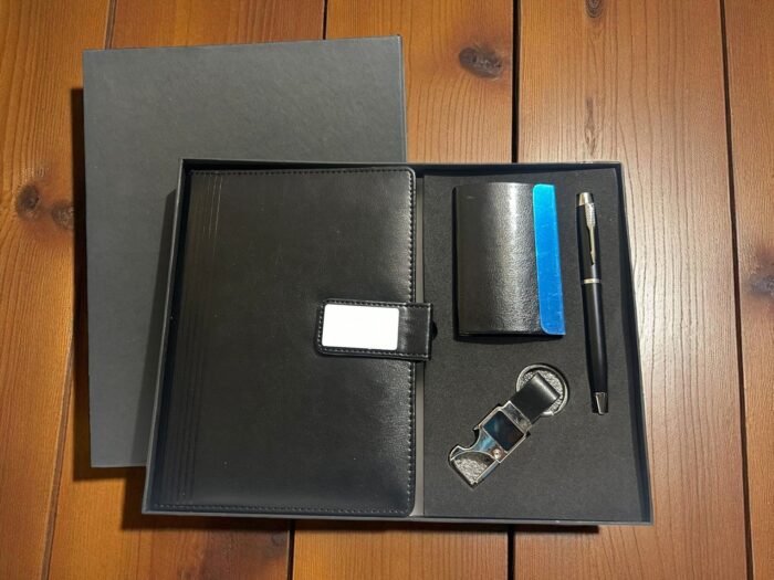 Premium Black Executive Corporate Gift Set – 4‑in‑1 Diary, Card Holder, Pen & Keychain (Engraved, Gift‑Boxed)