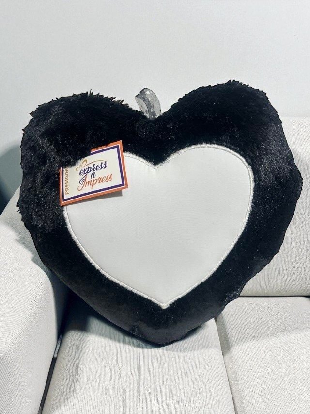 Premium Black Heart-Shaped Fur Cushion – Custom Photo Pillow with White Center Panel