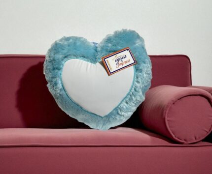 Premium Fountain Blue Heart-Shaped Fur Cushion – Personalized Photo Pillow with White Center Panel