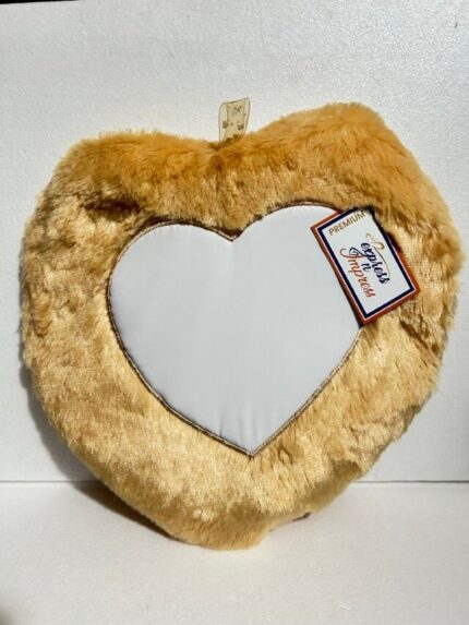 Premium Gold Heart-Shaped Fur Cushion – Personalized Photo Pillow with White Center Panel