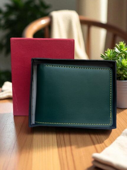 Premium Green Men’s Leather Bi‑Fold Wallet – Stylish Gift‑Boxed Design