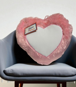 Premium Peach Pink Heart-Shaped Fur Cushion – Custom Photo Pillow with White Center Panel